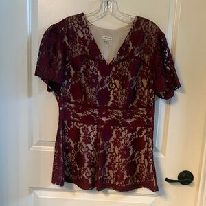J. Peterman Burgundy Lace V-Neck Blouse